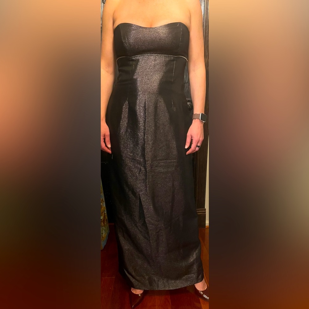 Long strapless evening dress.